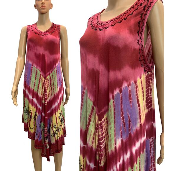 90's Y2K Multi Color Tie Dye Gauze Tent Dress | Fits M/L - Picture 2 of 10